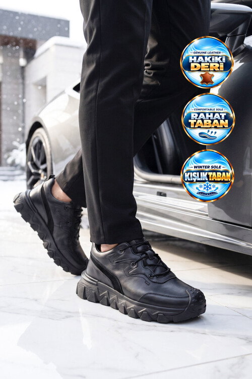 Siyah Hakiki Deri Kaymaz Tabanlı Erkek Casual Sneaker Ayakkabı 152-24252