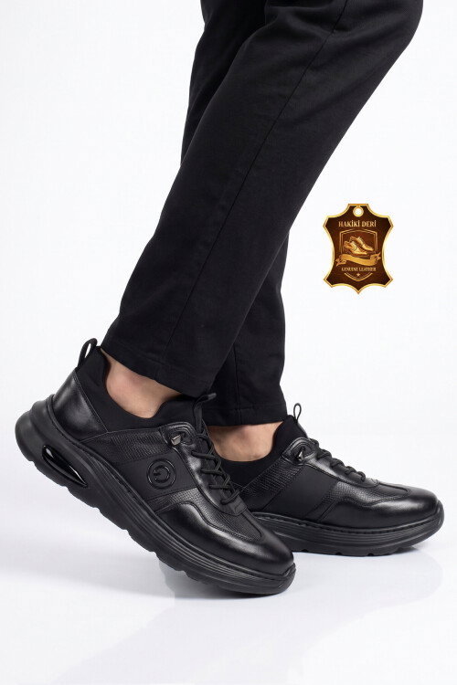 Kauçuk Tabanlı Lastik Bağcıklı Hakiki Deri Siyah Erkek Casual Sneaker Ayakkabı 26K540-3
