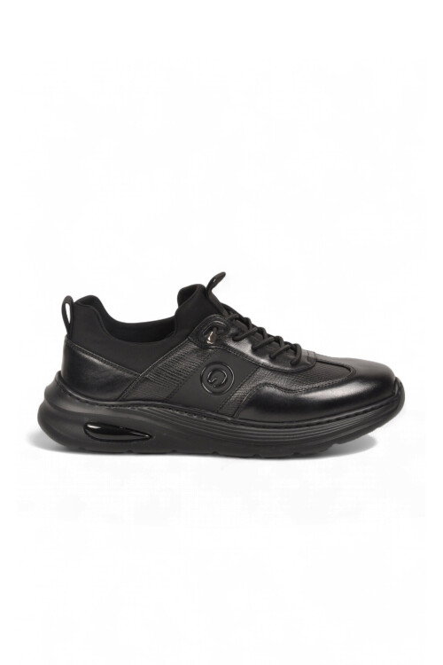 Kauçuk Tabanlı Lastik Bağcıklı Hakiki Deri Siyah Erkek Casual Sneaker Ayakkabı 26K540-3