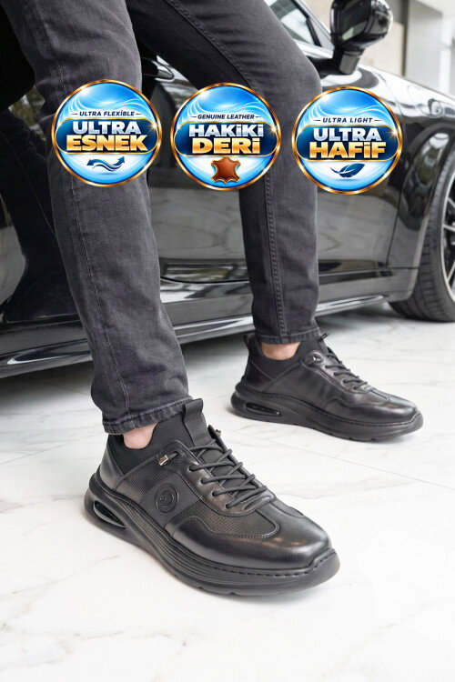 Kauçuk Tabanlı Lastik Bağcıklı Hakiki Deri Siyah Erkek Casual Sneaker Ayakkabı 26K540-3