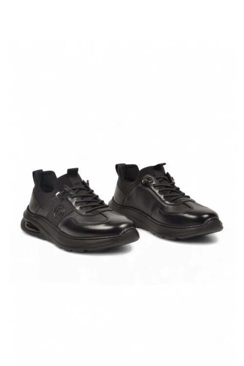 Kauçuk Tabanlı Lastik Bağcıklı Hakiki Deri Siyah Erkek Casual Sneaker Ayakkabı 26K540-3