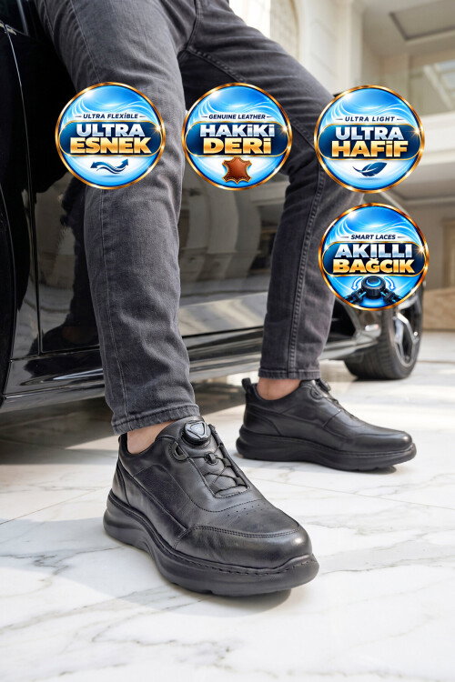 Kauçuk Tabanlı Akıllı Bağcıklı Hakiki Deri Siyah Erkek Casual Sneaker Ayakkabı 26K541-1