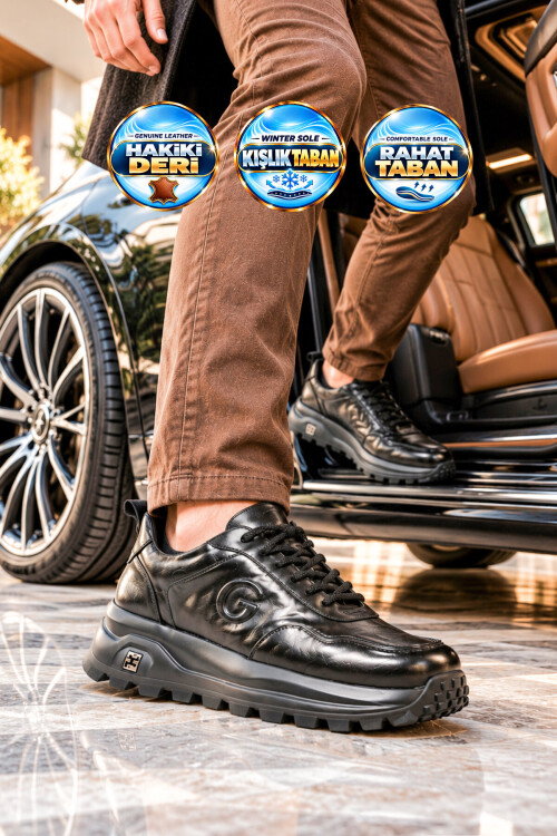 Siyah Hakiki Deri Kalın Tabanlı Bağcıklı Erkek Casual Sneaker Ayakkabı 26K565
