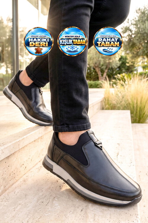 Siyah Hakiki Deri Yan Lastikli Erkek Casual Sneaker Ayakkabı 42170