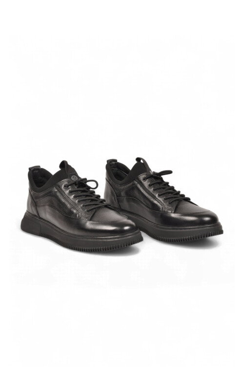 Kauçuk Tabanlı Bağcıklı Sneaker Siyah Hakiki Deri Erkek Casual Ayakkabı 5K1232-2297