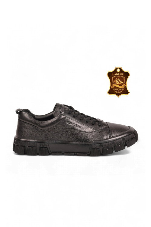 Kauçuk Tabanlı Bağcıklı Sneaker Siyah Hakiki Deri Erkek Casual Ayakkabı 5K2676-7160