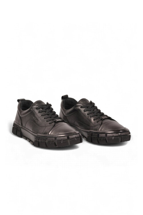 Kauçuk Tabanlı Bağcıklı Sneaker Siyah Hakiki Deri Erkek Casual Ayakkabı 5K2676-7160