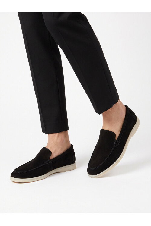 Siyah Hakiki Deri Şık Rahat Espadril Erkek Casual Ayakkabı Loafer 6K020-217