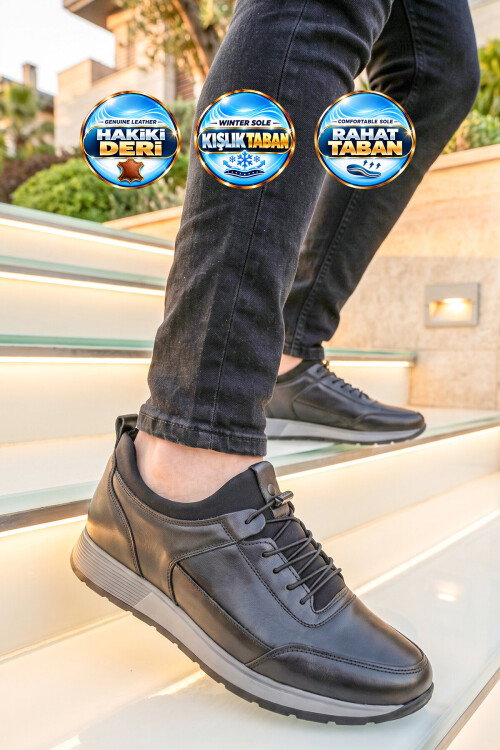 Siyah Hakiki Deri Lastik Bağcıklı Erkek Casual Sneaker Ayakkabı 42158