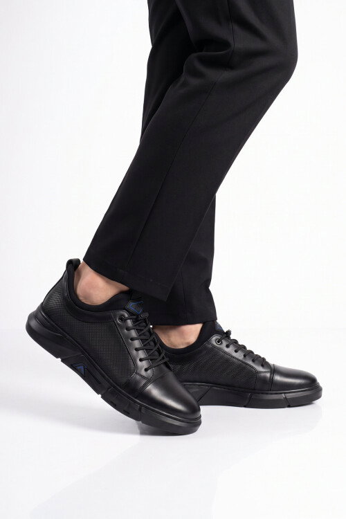 Kauçuk Tabanlı Bağcıklı Sneaker Siyah Hakiki Deri Erkek Casual Ayakkabı HZ0795-510