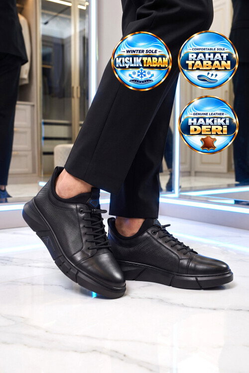 Kauçuk Tabanlı Bağcıklı Sneaker Siyah Hakiki Deri Erkek Casual Ayakkabı HZ0795-510