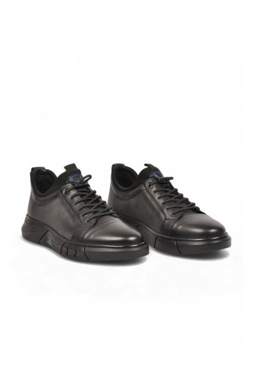 Kauçuk Tabanlı Bağcıklı Sneaker Siyah Hakiki Deri Erkek Casual Ayakkabı HZ0795-510