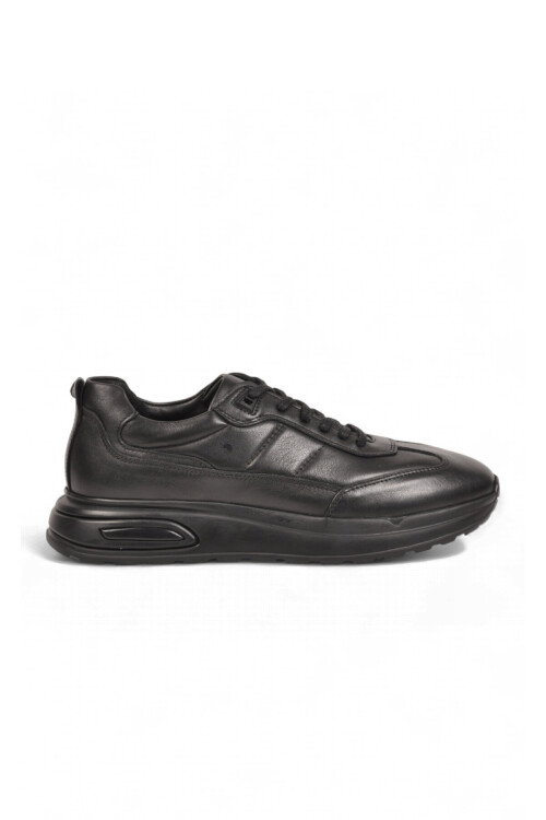Kauçuk Tabanlı Bağcıklı Sneaker Siyah Hakiki Deri Erkek Casual Ayakkabı HZ1774-0337 