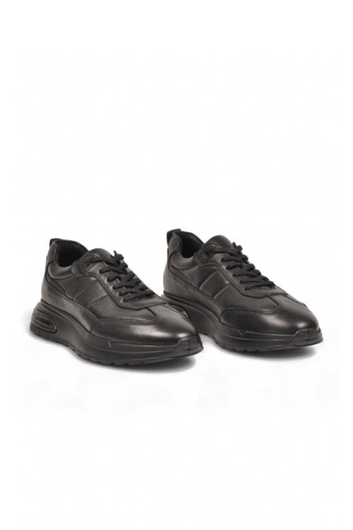 Kauçuk Tabanlı Bağcıklı Sneaker Siyah Hakiki Deri Erkek Casual Ayakkabı HZ1774-0337 