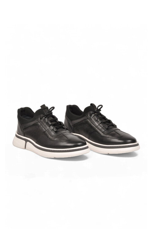 Kauçuk Tabanlı Bağcıklı Sneaker Siyah Hakiki Deri Casual Ayakkabı HZ2420-KS016