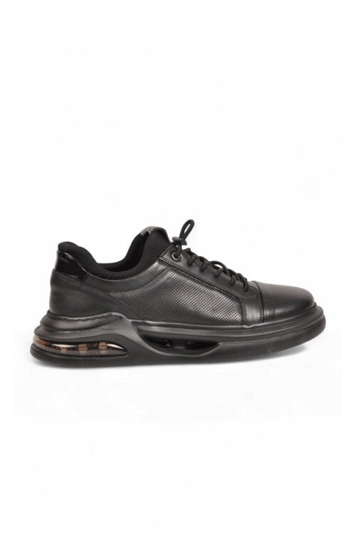 Kauçuk Tabanlı Bağcıklı Sneaker Siyah Hakiki Deri Erkek Casual Ayakkabı HZ2581-6003
