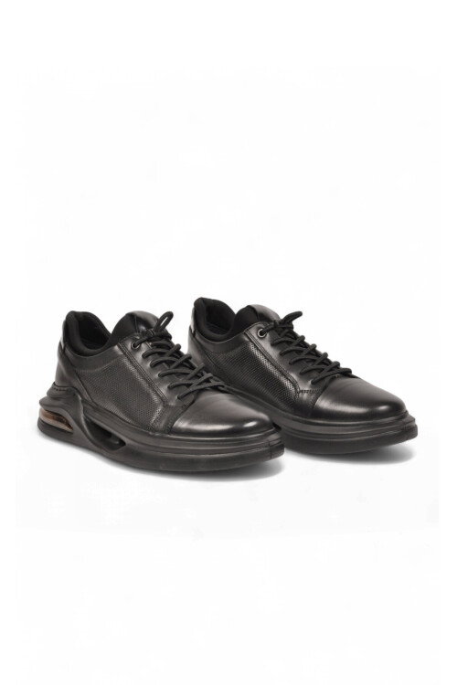Kauçuk Tabanlı Bağcıklı Sneaker Siyah Hakiki Deri Erkek Casual Ayakkabı HZ2581-6003
