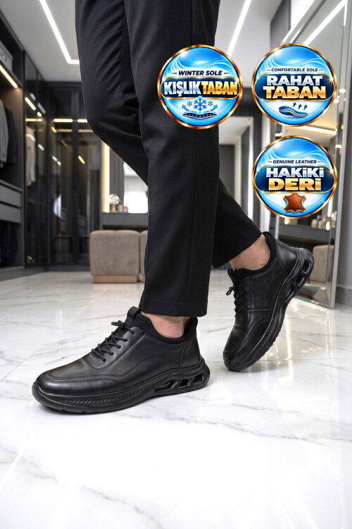 Kauçuk Tabanlı Bağcıklı Sneaker Siyah Hakiki Deri Erkek Casual Ayakkabı HZ2821-2522