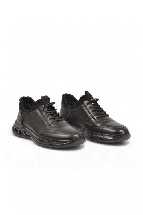 Kauçuk Tabanlı Bağcıklı Sneaker Siyah Hakiki Deri Erkek Casual Ayakkabı HZ2821-2522