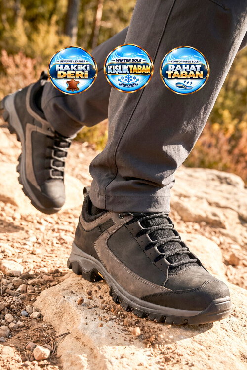 Siyah Hakiki Deri Kaymaz Tabanlı Bağcıklı Erkek Outdoor Trekking Ayakkabı 2546