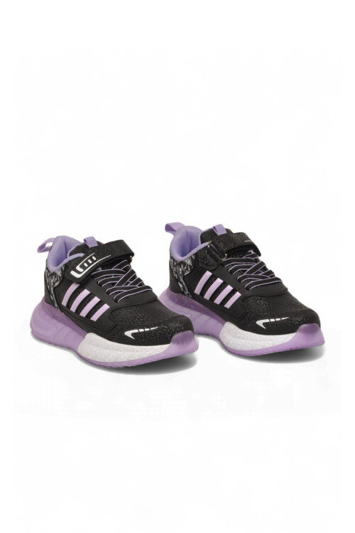 Cırt Bantlı Kalın Tabanlı Siyah-Lila Kız Çocuk Yürüyüş ve Spor Ayakkabı Sneaker 748 Cilt