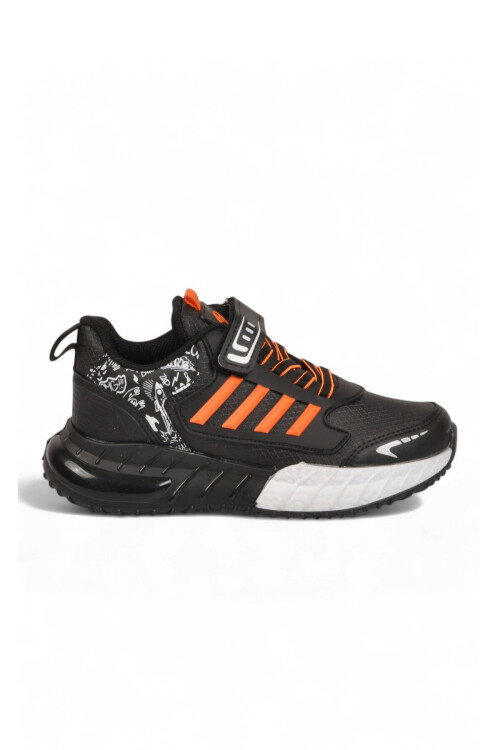Cırt Bantlı Kalın Tabanlı Siyah-Oranj Erkek Çocuk Yürüyüş ve Spor Ayakkabı Sneaker 748 Cilt