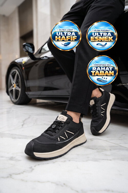 Kauçuk Tabanlı Lastik Bağcıklı Şık Rahat Siyah Erkek Casual Yürüyüş Ayakkabı 26K559