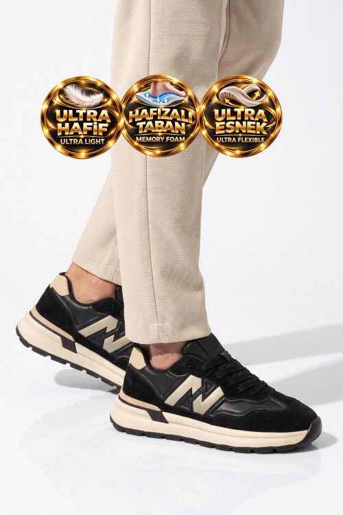 Bağcıklı Kalın Tabanlı Şık Rahat Memory Foam Siyah Erkek Casual Yürüyüş Ayakkabı Sneaker Draw
