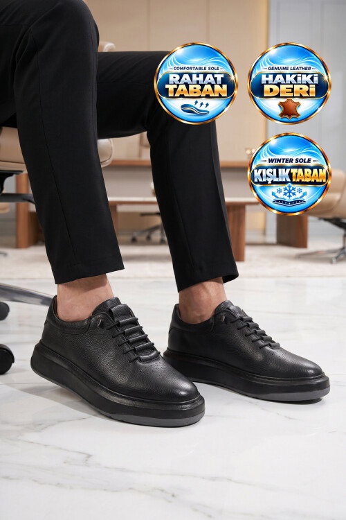 Lastik Bağcıklı Şık Rahat Hakiki Deri Siyah Erkek Casual Sneaker Ayakkabı 272304