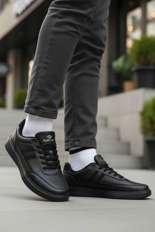 Siyah Bağcıklı Hafif Esnek Tabanlı Erkek Casual Yürüyüş Ayakkabı Sneaker 128 Cilt