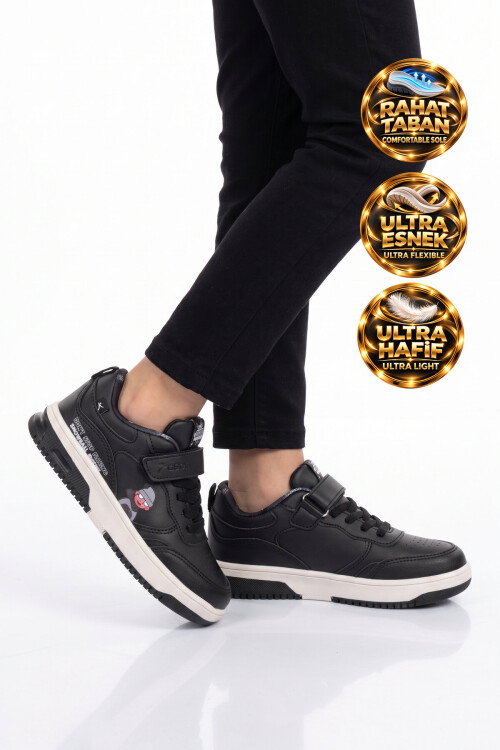 Cırt Bantlı Kalın Rahat Tabanlı Erkek Çocuk Siyah Yürüyüş ve Spor Ayakkabı Sneaker Star 26K