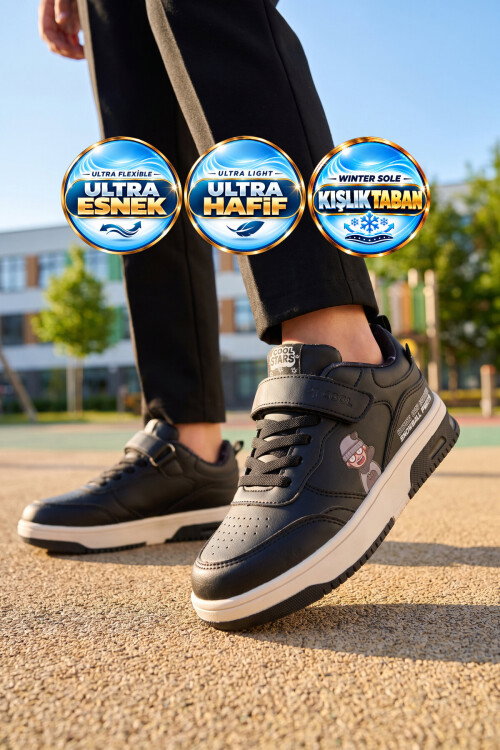 Cırt Bantlı Kalın Rahat Tabanlı Erkek Çocuk Siyah Yürüyüş ve Spor Ayakkabı Sneaker Star 26K