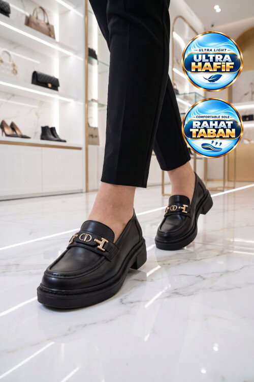 Tokalı Şık Rahat Hafif Kadın Siyah Klasik Casual Ayakkabı Loafer 1805 Z
