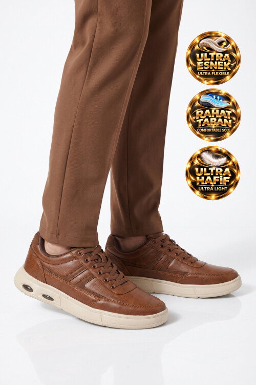 Taba Bağcıklı Hafif Esnek Tabanlı Erkek Casual Yürüyüş Ayakkabı Sneaker 128 Cilt