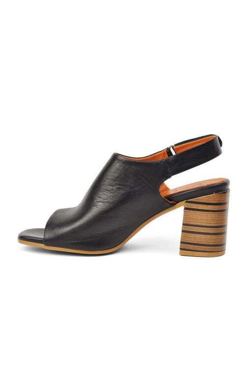 صندل بكعب من الجلد الطبيعي الأسود للنساء 2108502Y Z
