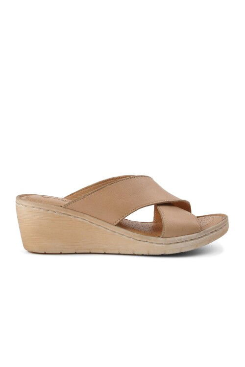 Bej Hakiki Deri Kadın Terlik  9226 Z
