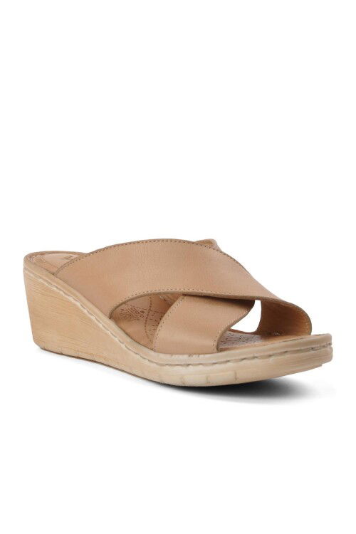 Bej Hakiki Deri Kadın Terlik  9226 Z