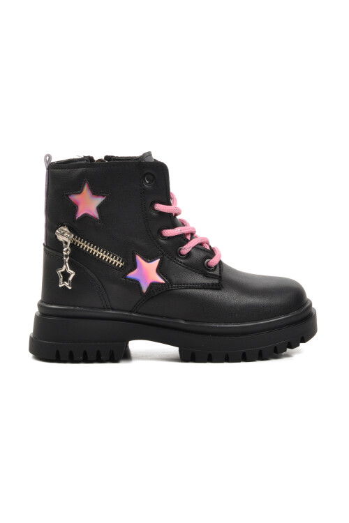 Black-Pink Polyurethane Girls Boots 1525 P