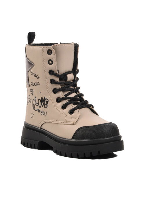 Beige Lace-Up Zippered Girls Boots 1566 P