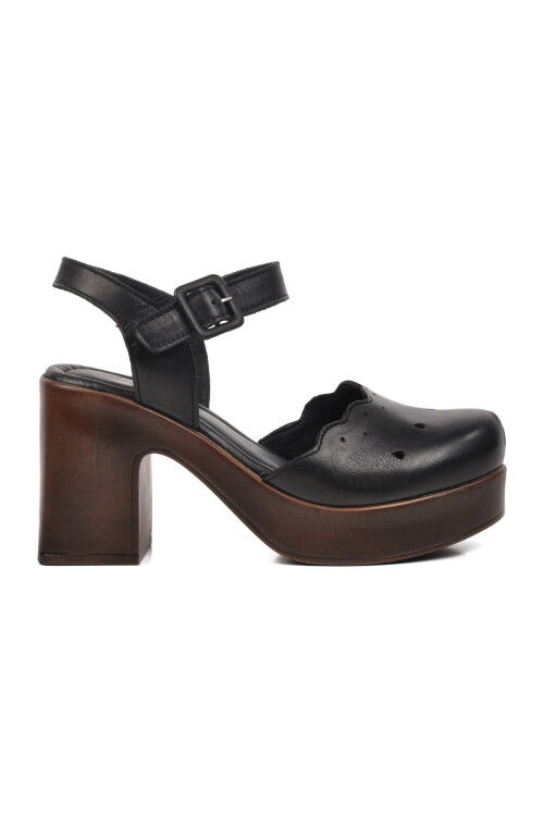 Black Genuine Leather Womens Heeled Sandals 2217001Y Z