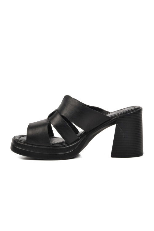 Black Genuine Leather Womens High Heel Slippers 2413403Y Z