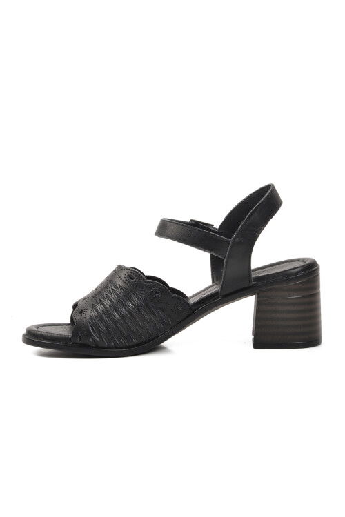 Black Genuine Leather Womens Heeled Sandals 9758 Z