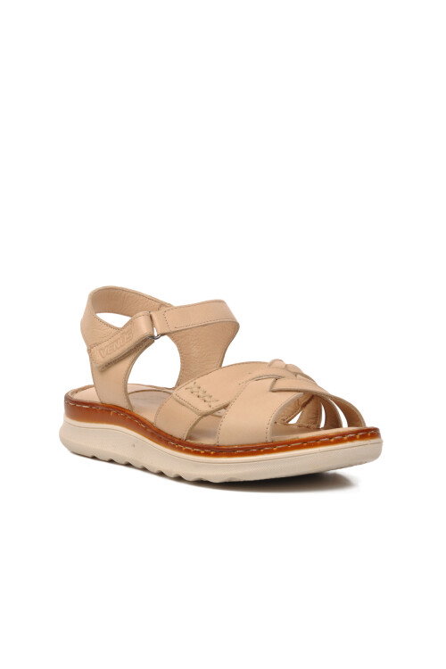 Bej Hakiki Deri Kadın Düz Sandalet 22981709 Z