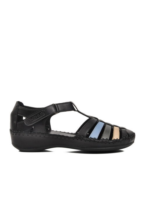 Black Velcro Genuine Leather Womens Sandals 23033319Y Z
