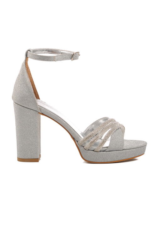 Silver Thick Heeled Womens Evening Shoes 655328 Z