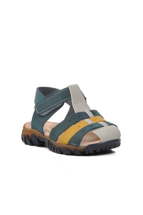 صندل مسطح للأطفال من جلد نوباك أزرق داكن وأصفر مقاس 24-417 ب