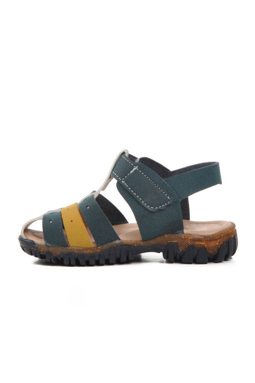 صندل مسطح للأطفال من جلد نوباك أزرق داكن وأصفر مقاس 24-417 ب