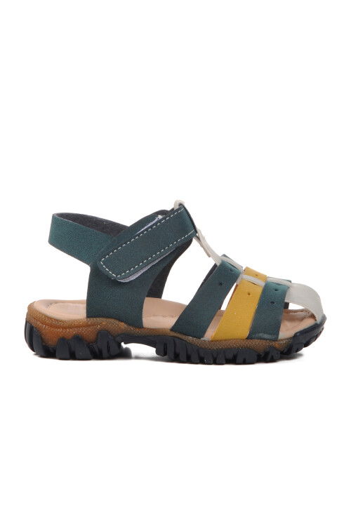 صندل مسطح للأطفال من جلد نوباك أزرق داكن وأصفر مقاس 24-417 ب