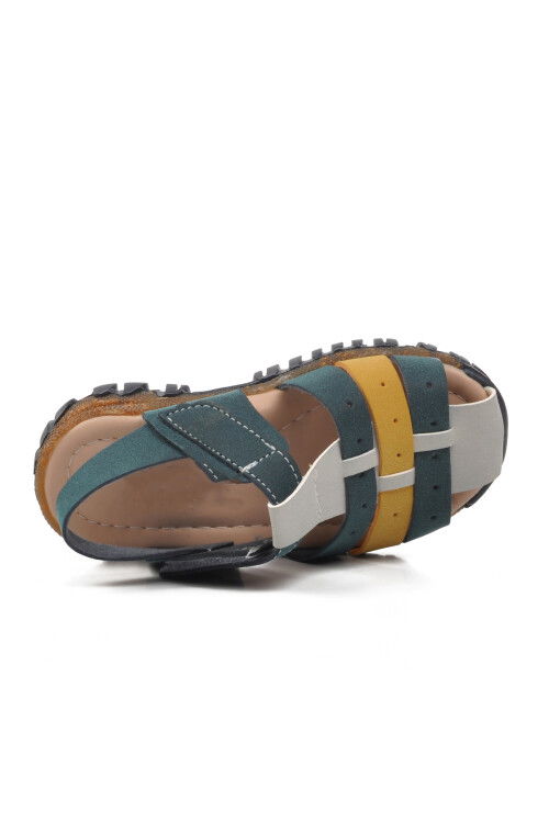 صندل مسطح للأطفال من جلد نوباك أزرق داكن وأصفر مقاس 24-417 ب