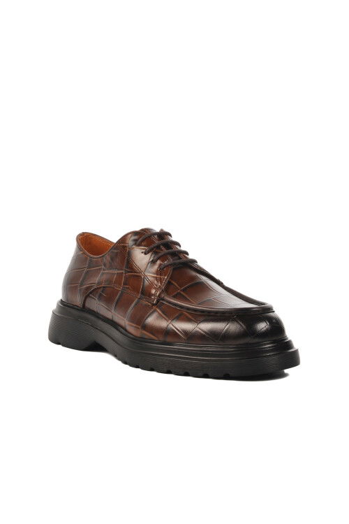 حذاء رجالي كلاسيكي فاخر من الجلد الطبيعي بنقشة جلد التمساح البني مقاس 187 م